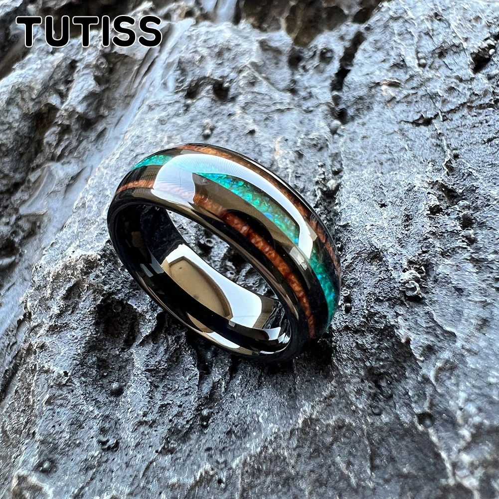8mm Tungsten Ring for Men Women Engagement Wedding Band Jewelry Green Opal Koa Wood Inlay