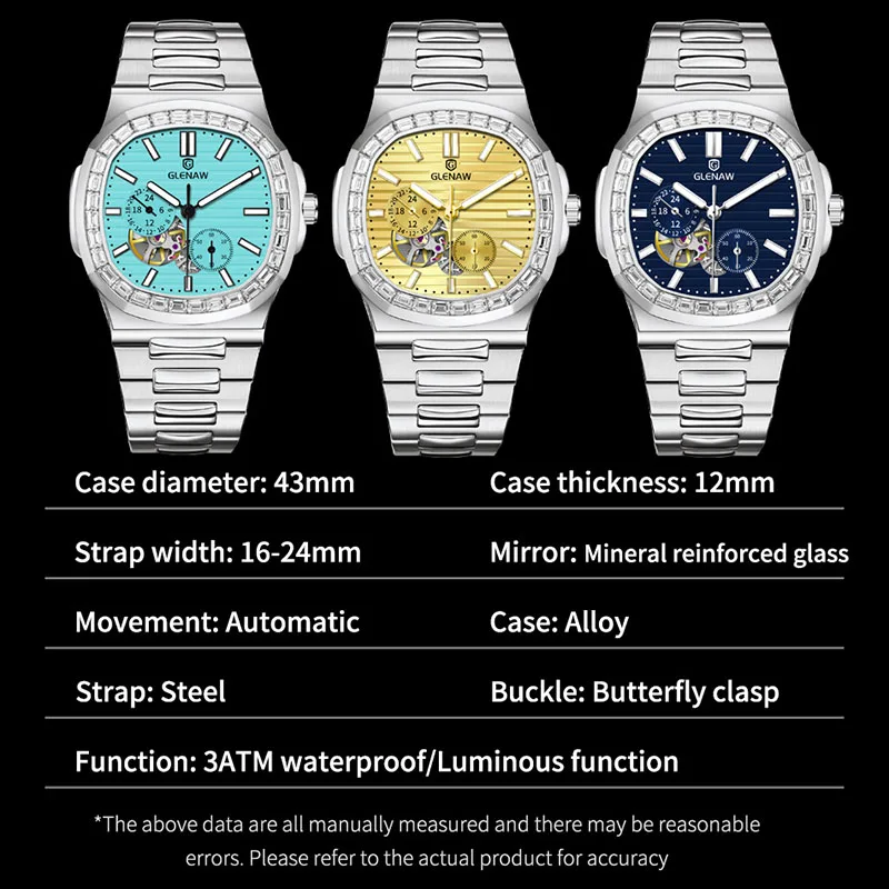 GLENAW Dual Seconds Dual Hour Hand Mechanical Watch Original Stainless Steel Authentic Watch Night Glow Waterproof Men's