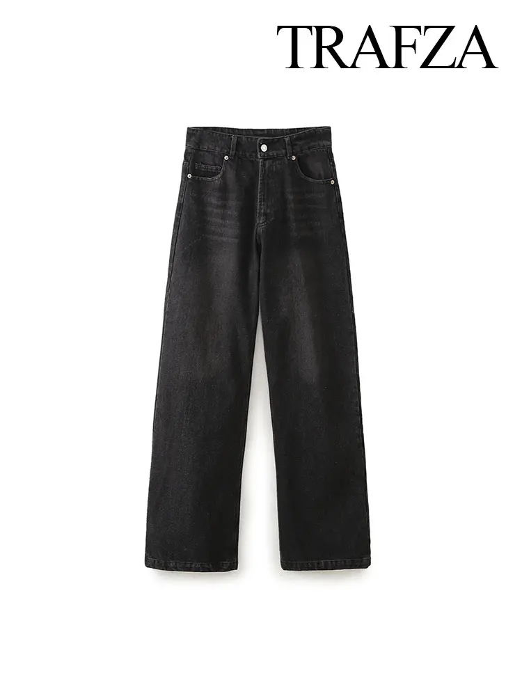 

TRAFZA Trendy Black Denim Straight Jeans For Women 2024 Spring High Waist Metal Strap Vintage Causal Pockets Wide Leg Pants