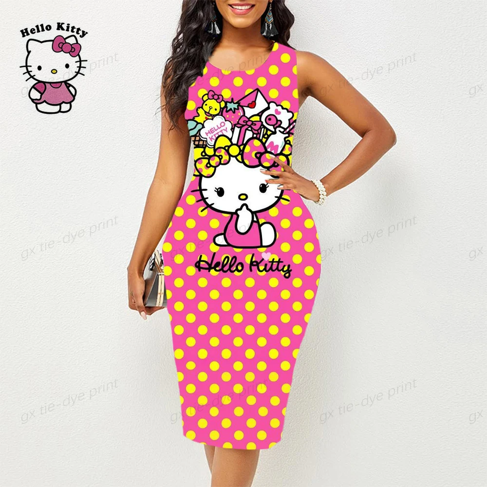 

Женское платье с рисунком Hello Kitty, летнее винтажное платье средней длины без рукавов, 2023