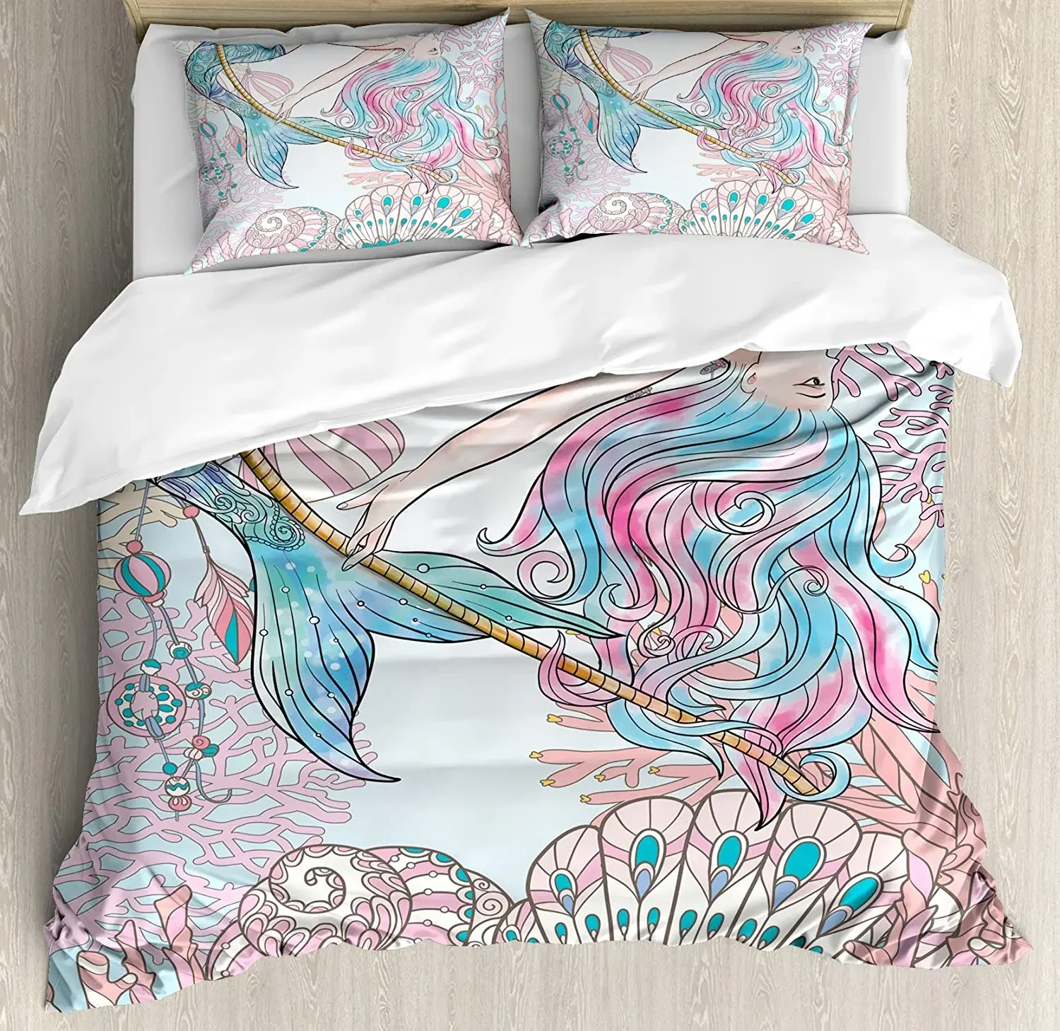 

Mermaid Bedding Set For Bedroom Bed Home Cartoon Mermaid in Sea Sirens of Greek Myth Femal Duvet Cover Quilt Cover Pillowcase