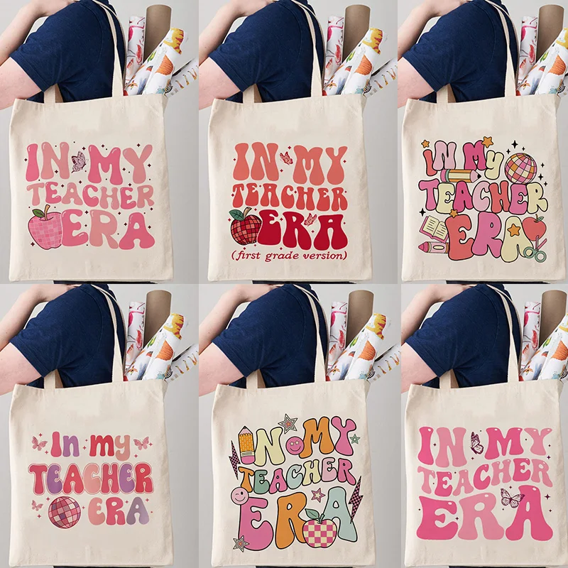 

In My Teacher Era Pattern Tote Bag Back To School Gift for Teachers on Christmas and Halloween Casual Portable Canvas Bag