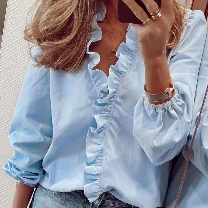 

Women Spring Summer Long Sleeve Ruffle Shirts Ladies Solid Oversized Elegant Blouse Casual All Match Tops Female Streetwear