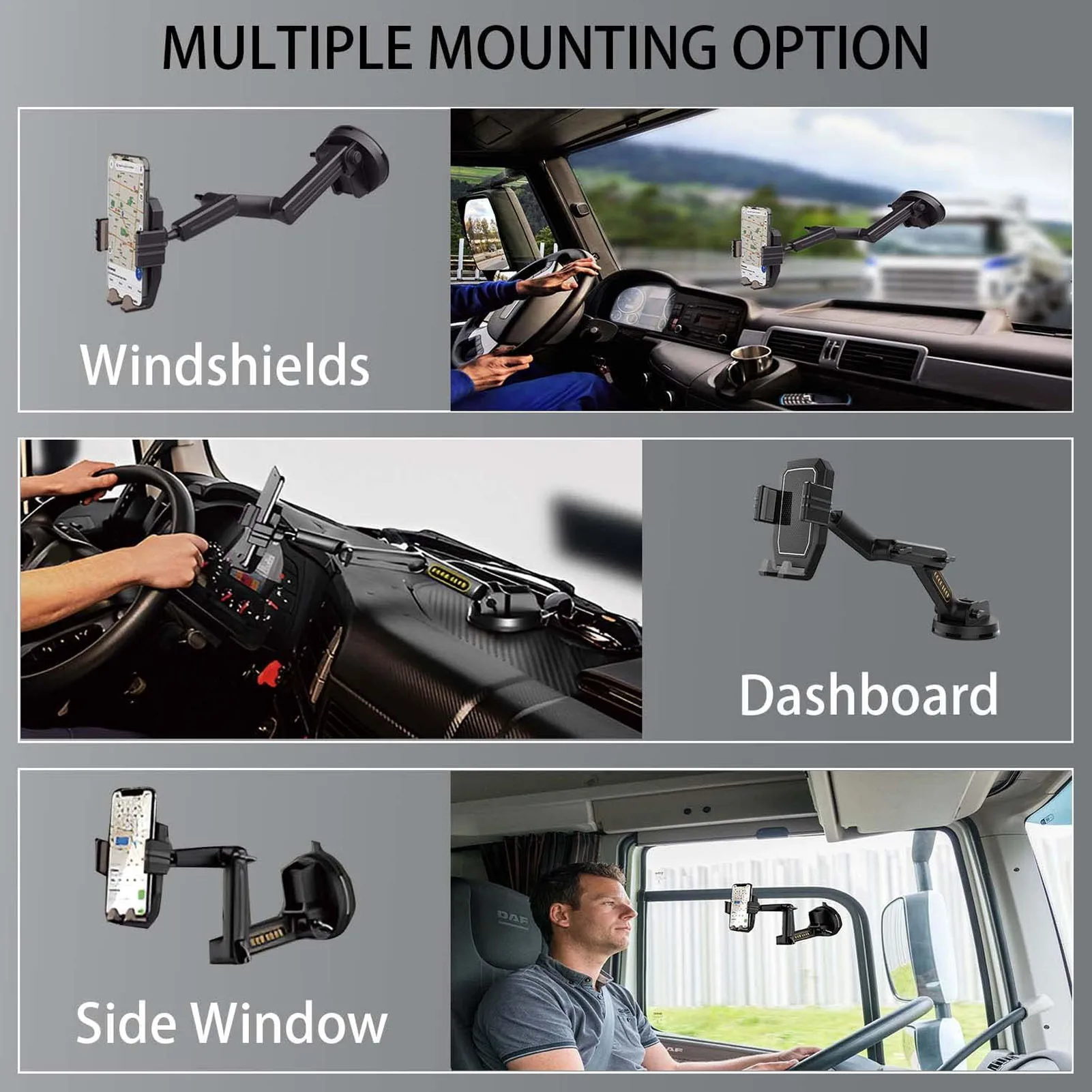 Heavy-Duty Dashboard Phone Holder with Long Stabilizing Arm and Super Suction Cup - Black