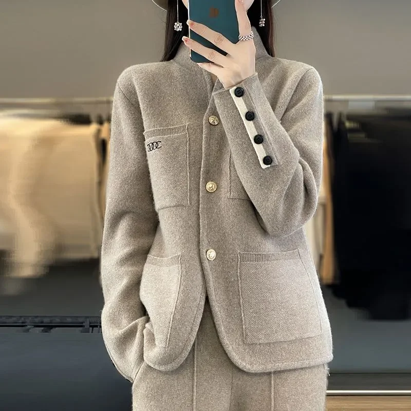 2024 Aautumn And Winter New Blend Wool Sweater Women's Cardigan Stand Collar Thick Versatile Solid Color Knitted Jacket Camel