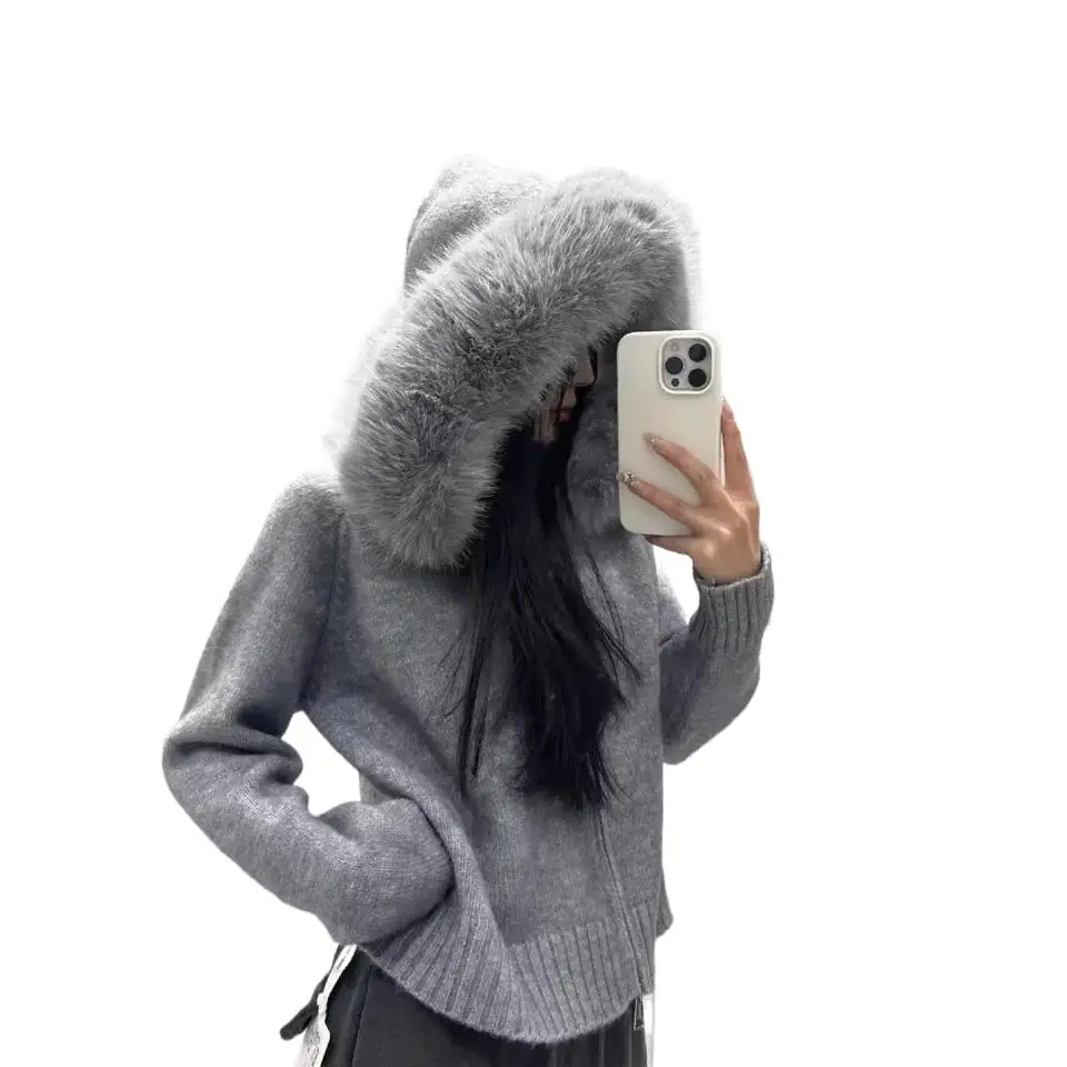 Women Loose Fit Fur Collar Sweater Coat Zip Up Knitwear Cardigan