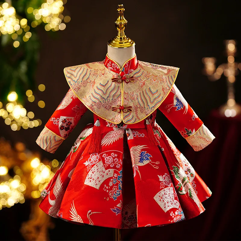

Ancient Children Red Print Hanfu Costume Clothing Chinese Style New Year Fashion Baby Girl Tang Suit
