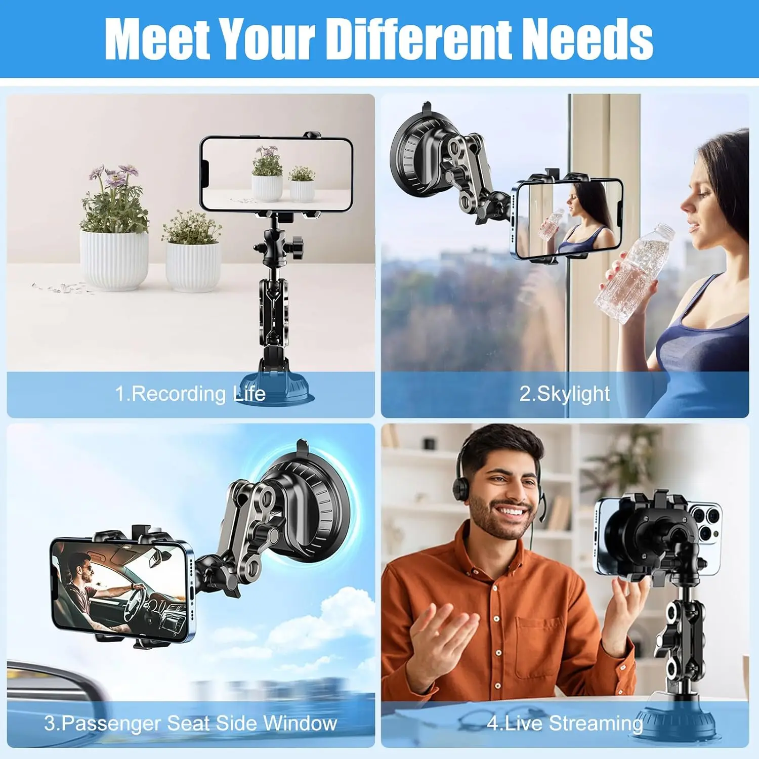 Enhanced Car Video Mount with 360° Rotating Arm and Strong Suction for Windshield/Dashboard - Anti-Shock Design for Seamless Live Streaming