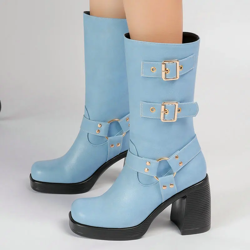 

Sky Blue Western Gothic Woman Winter Shoes Platform Chunky High Heels Many Big Buckle Belt Designer Women Mid-calf Cowboy Boots