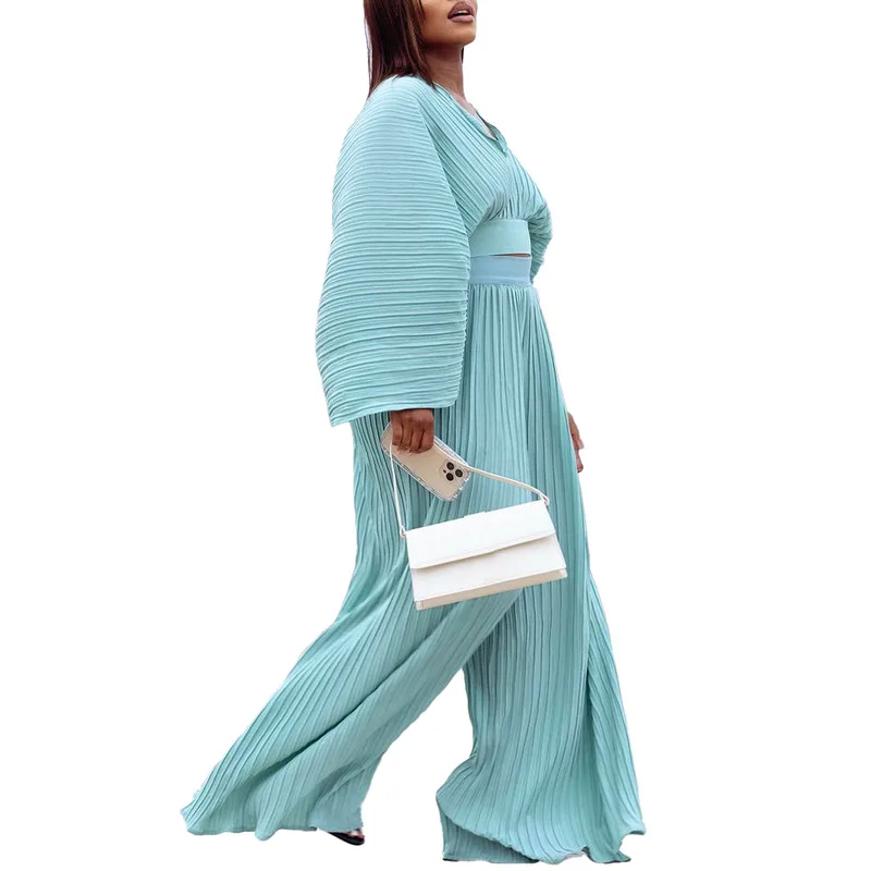 Women's Spring and Fall New Loose Pleated V-neck Top High-waisted Wide-leg Trousers Women's Casual Commuting Two-piece Set