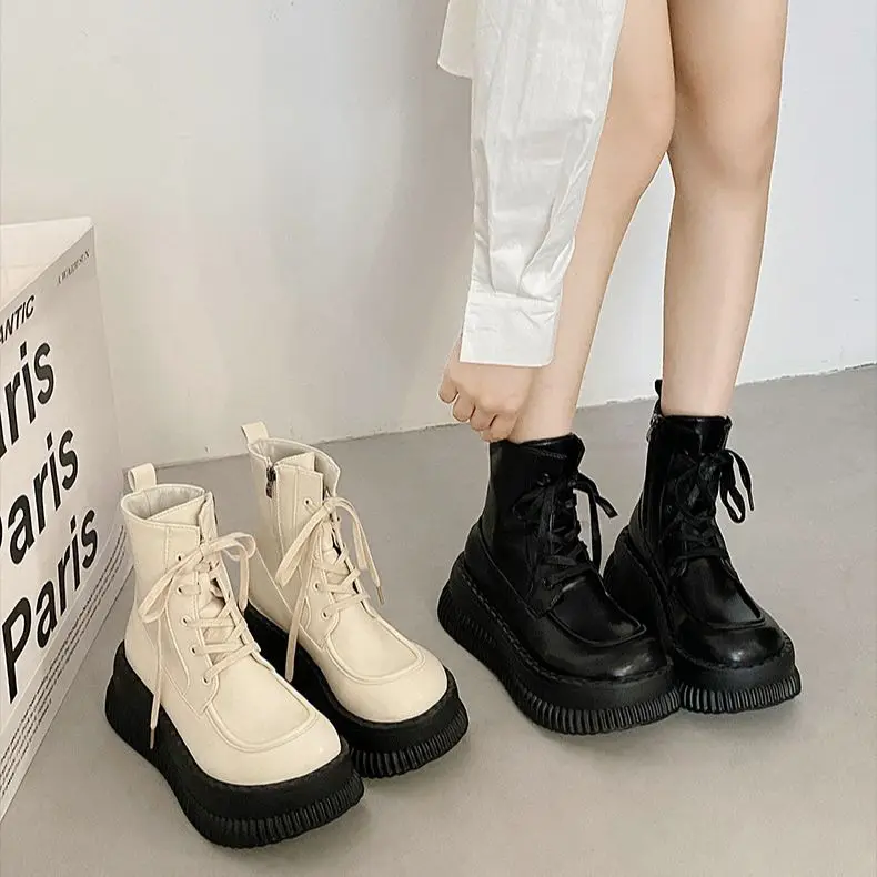 

Lace Up White Ankle Boots Women's Shoes Platform Round Toe Boots-Women Low Clogs Rock Med Black Rubber Summer Lolita 2023
