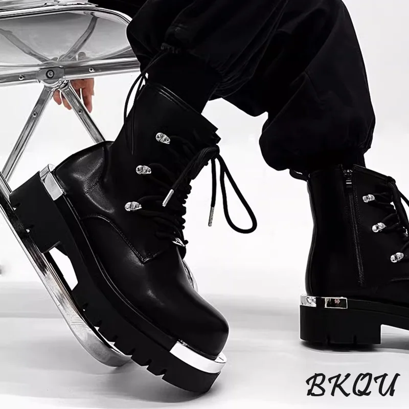 

BKQU 2024 New Big Head Platform Boots for Men in The United Kingdom Increase Tooling High-top Motorcycle Derby Shoes Punk