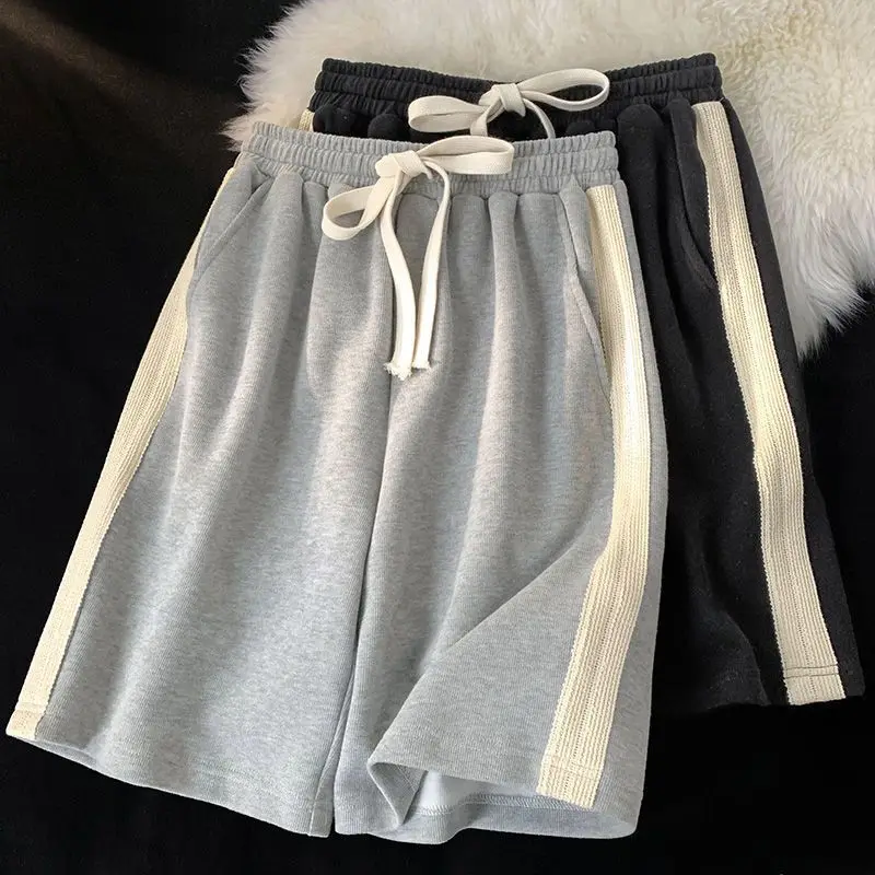 Summer New High Street Patchwork Striped Sports Shorts Elastic Waist Loose All-match Straight Pants Casual Fashion Women Clothes
