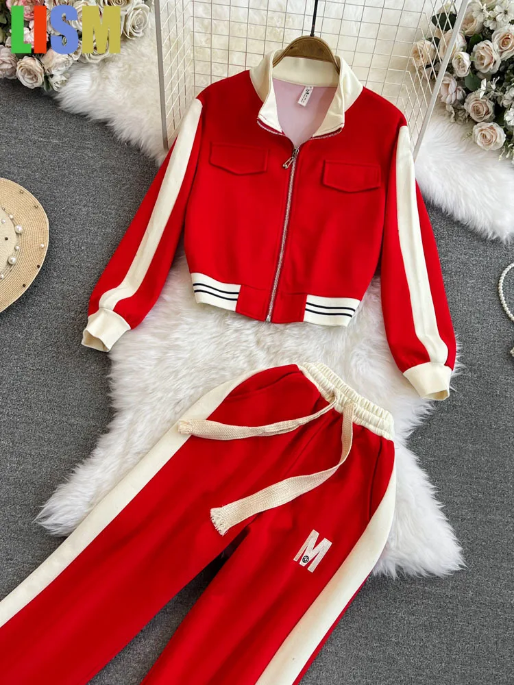 03.jpg LISM Women's tracksuit Streetwear Casual Tracksuit Two Piece Set Women Outfits Zip Up Crop Jacket Loose Wide Leg Pant Suit - view