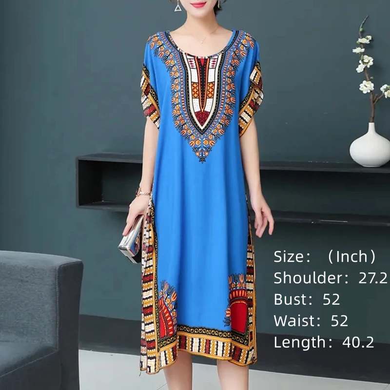 Retro Ethnic Style Women's Print Dress Batwing Sleeves O-Neck Straight Dress High Slit Loose Oversize Dresses Casual Matching