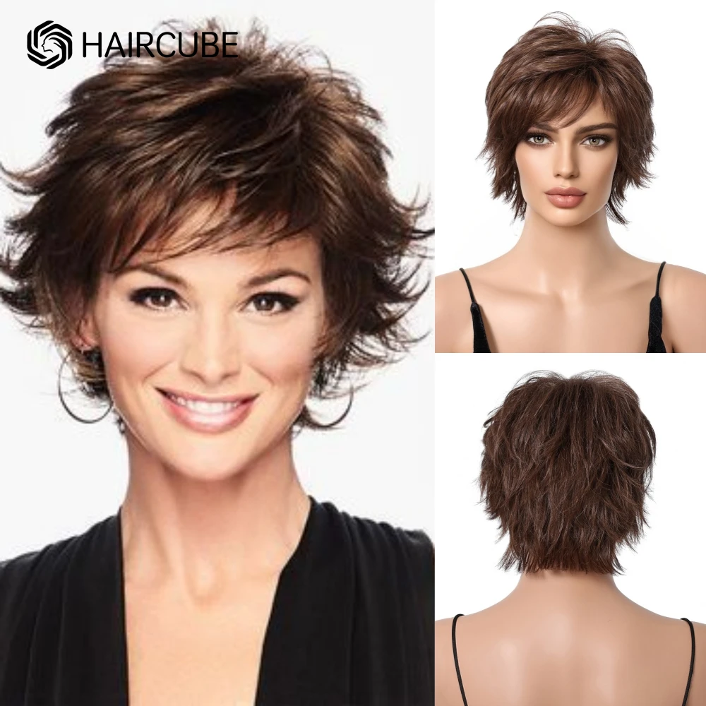 

Short Pixie Cut Human Hair Blend Wigs for Women Chestnut Brown Layered Wavy Bob Blend Human Hair Wigs with Bangs Women Daily Wig