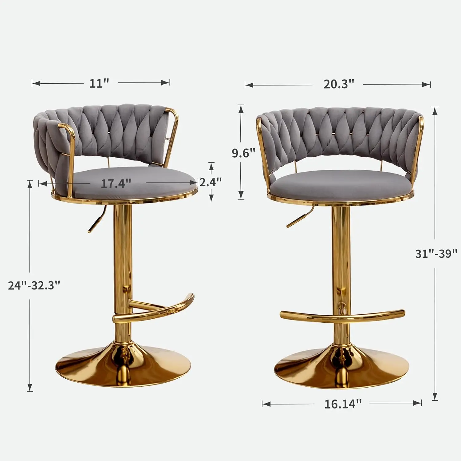 Bar Stools Set of 2 Modern Gold Velvet Barstool with Backs Adjustable Height and Swivel Kitchen Bars Chairs Bar Chair