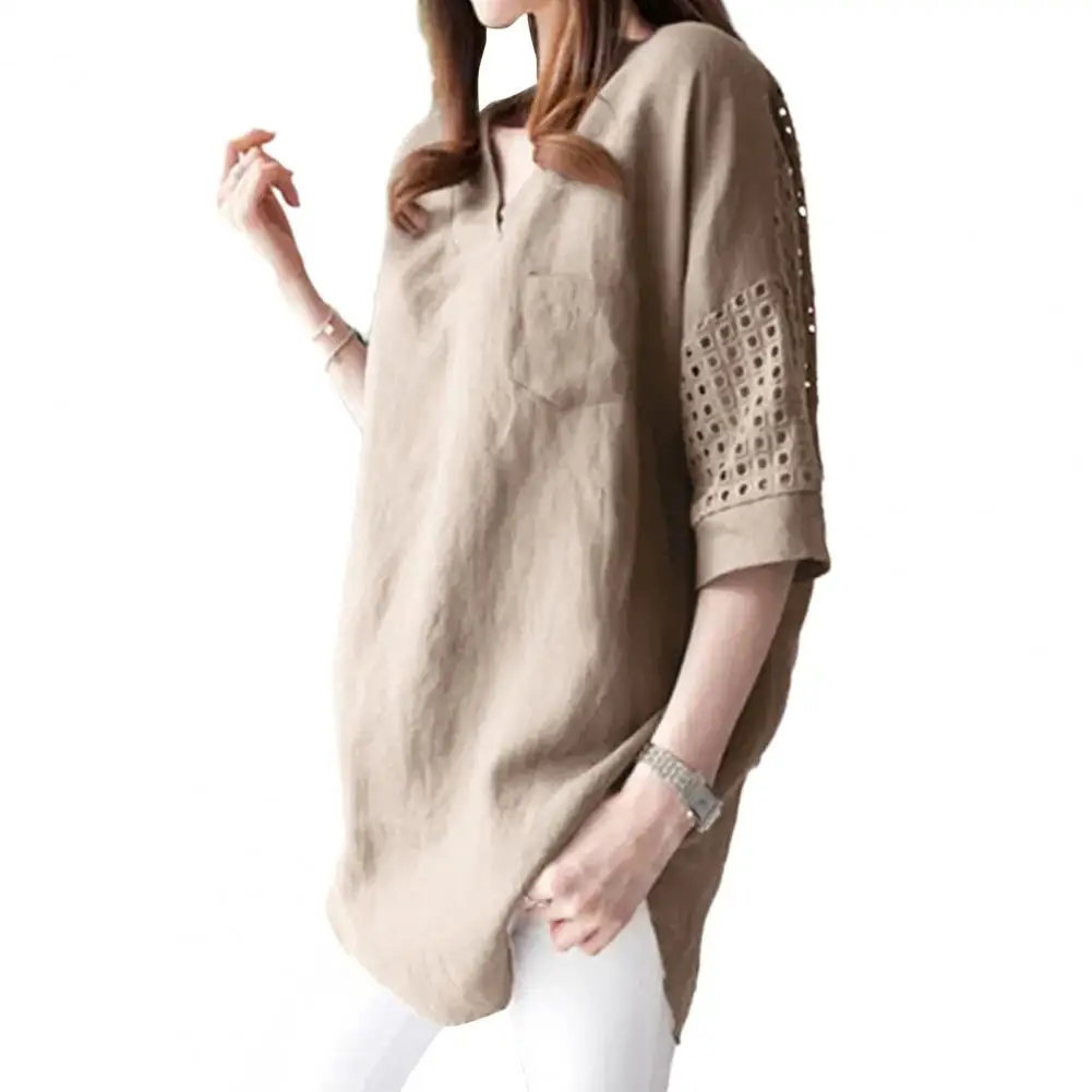 

Women Shirts & Blouses V-Neck Half Sleeve Casual Tops Loose Side Split Hem Mid-length T-shirt Elegant And Youth Woman Blouses