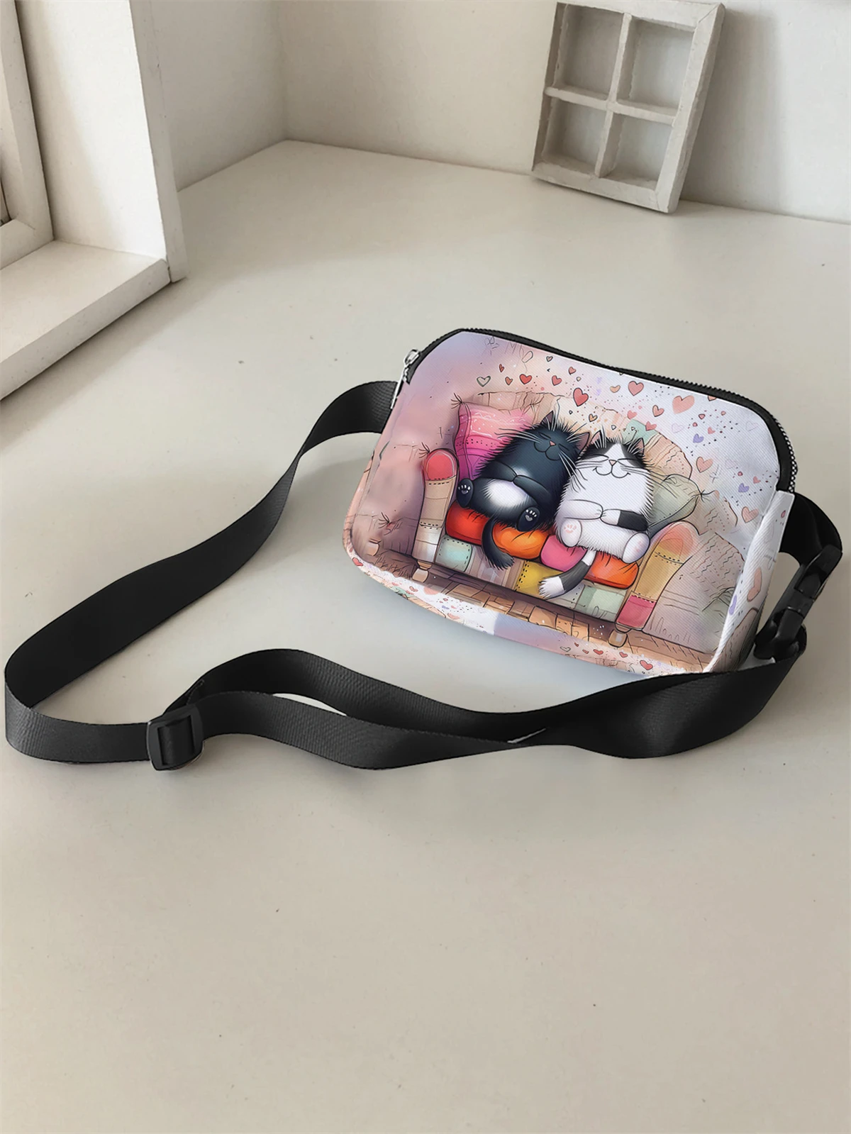 1-piece set, stylish and adjustable cat pattern crossbody bag, neutral sports waist bag, suitable for running