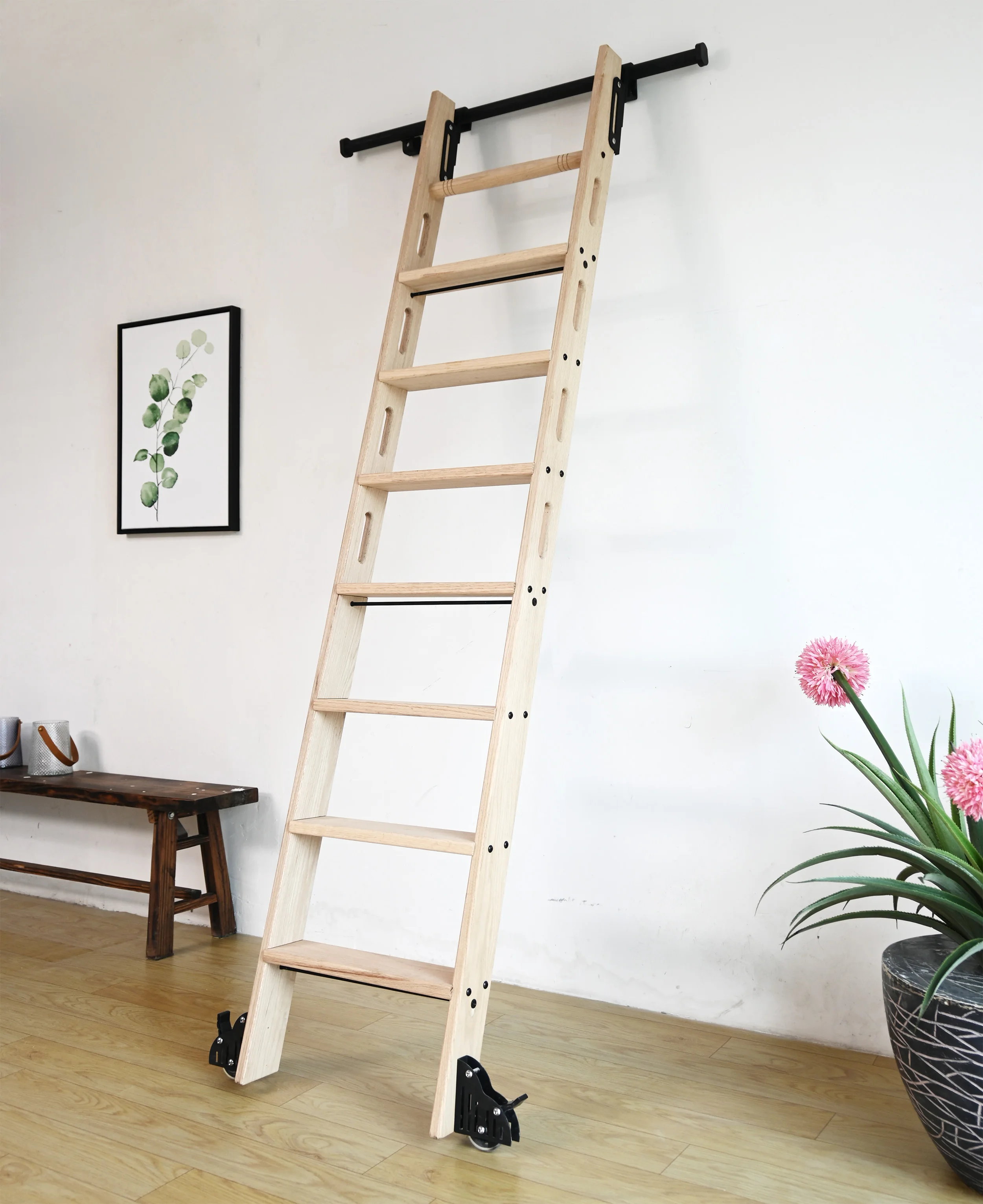 1m-hook-on-sliding-library-ladder-hardware-kittelescoping-upper-hookbottom-brake-roller-rustic-black-finish-no-ladder