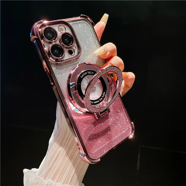 thumbnail image 1 of Luxury Plating Magsafe Magnetic Flash Holder Stand Phone Case For iPhone 11 12 13 14 15 Pro Max Bumper Protector On 15Plus Cover, 1 of 5