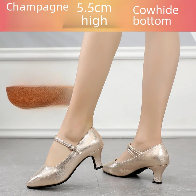 thumbnail image 1 of Zapatos de baile de suela blanda de color champán de 3,5 cm, zapatos de baile de salto social cuadrados estándar, 1 of 5