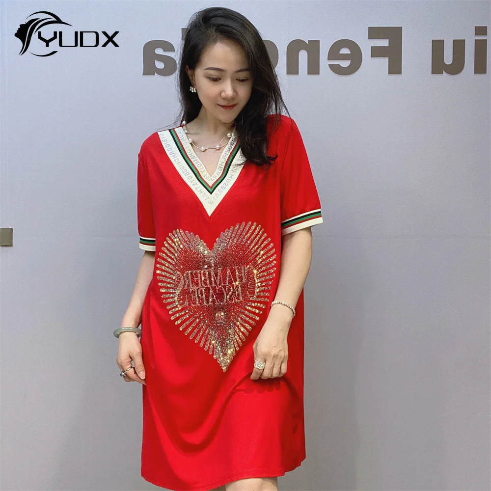 

YUDX New Summer Short Sleeve Women Dresses Colorblock V-neck Hot Drilling Mid-long Loose T-shirt Top All-match Casual Red Dress