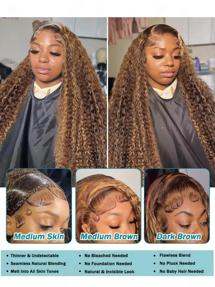 4/27 Highlight Ombre Deep Wave HD Lace Front Wigs Water Curly 30 40 Inch Brown 13x6 Color Lace Frontal Human Hair Wig Brazilian