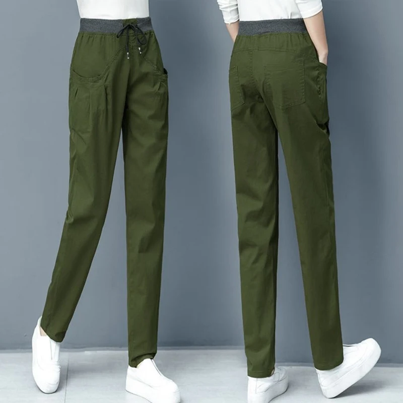 Spring Autumn Solid Color Elastic Waist Straight Pants Women High Street Casual Pocket Drawstring Pure Cotton All-match Trousers