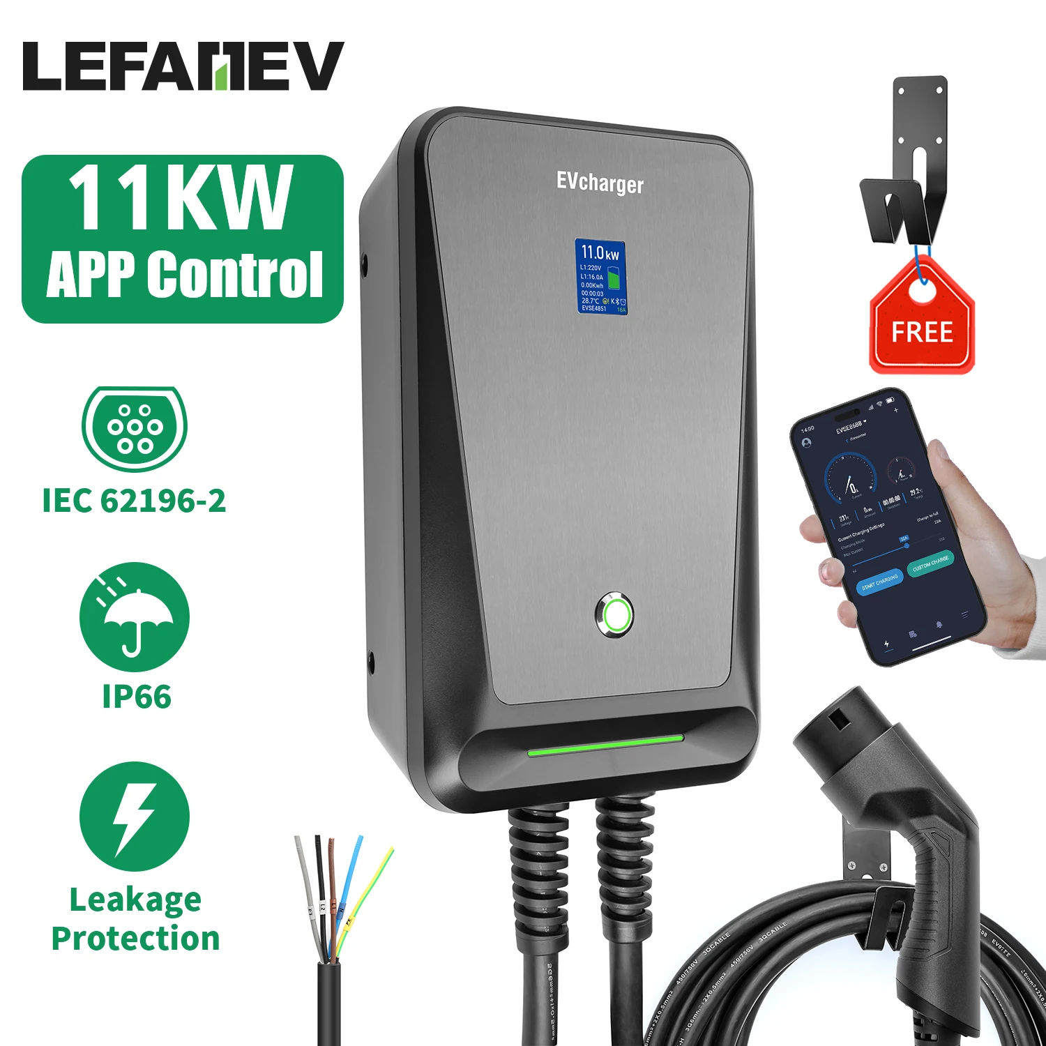 

EV Charger Type 2 APP Wifi Control 16A 3 Phase Electric Car Charge EVSE Wallbox with 6.1M Cable 11KW IEC 62196-2