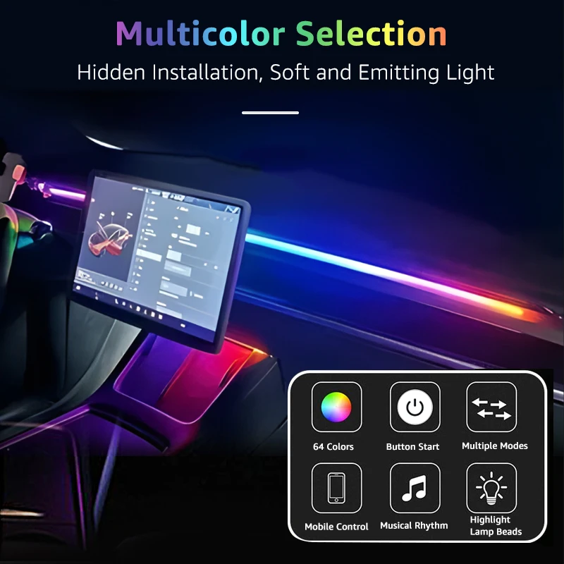 200cm 78.74in Car Ambient Light RGB Symphony Front Windshield Dashboard LED Interior Acrylic Auto Atmosphere Lamp App Control