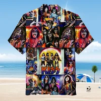 Trendy Cool Fashion KISS band Shirts Beach Party 3d Printing Hawaiian Shirt unisex Short Sleeve Oversized Blouse Lapel Shirt 1