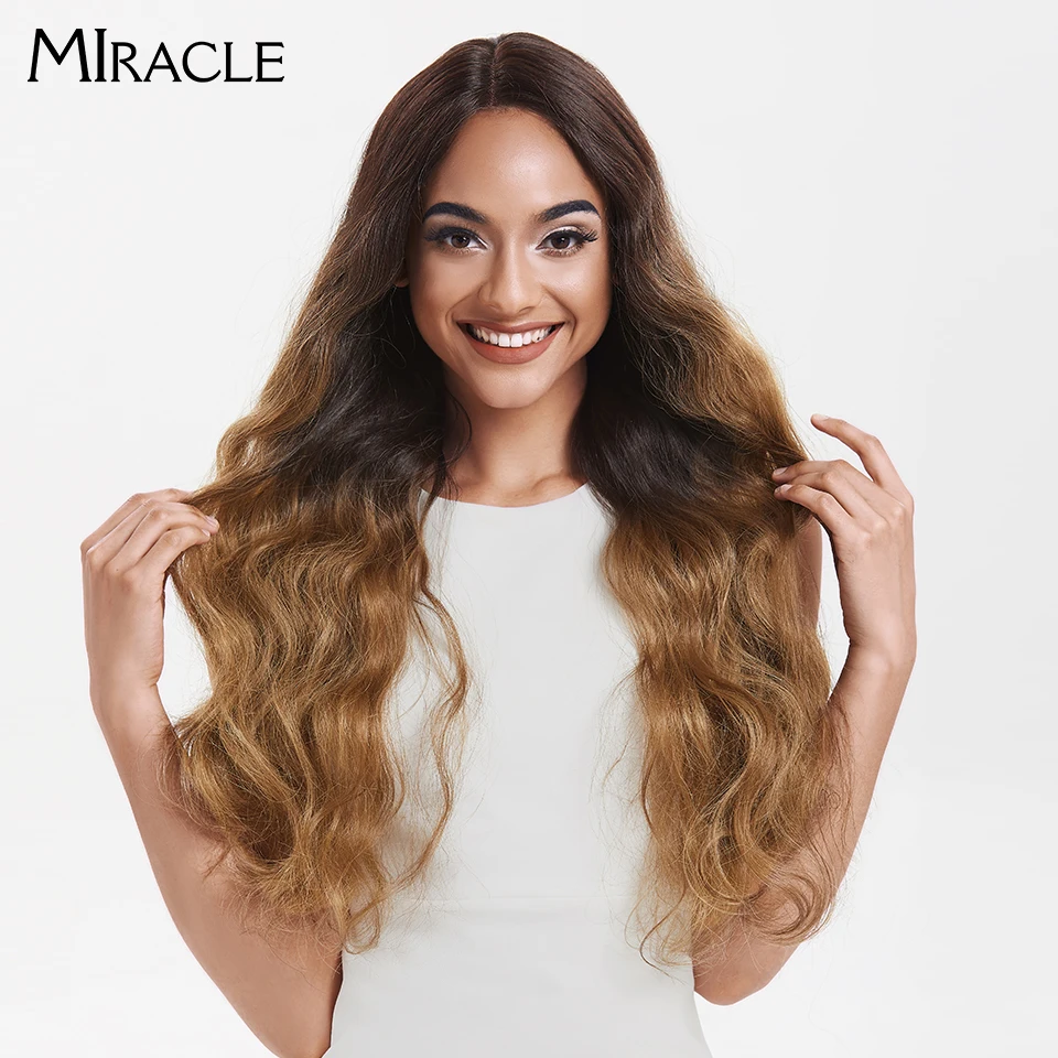 MIRACLE Synthetic Lace Wigs For Black Women Long Body Wave Ombre Brown Blonde Rainbow Wigs 28 inch Heat Resistant Cosplay Wigs