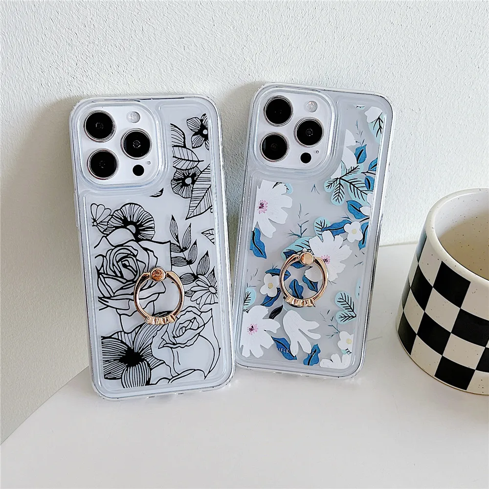 Coque de téléphone transparente avec porte-fleurs de Style coréen, étui Transparent pour iphone 15 14 12 13 11 Pro Max Plus, support Floral mignon pour fille_voghion.com