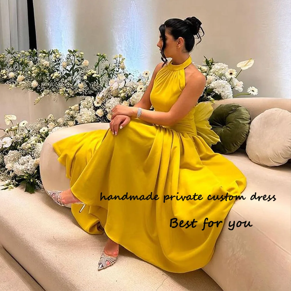 

Gold Evening Dresses for Women Backless Arabic Dubai Formal Prom Dress Outfits with Flowers Floor Length Evening Party Gowns