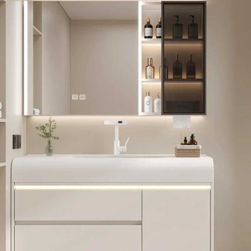 

Simple Intelligent Bathroom Cabinets Solid Wood Luxury Integrated Bathroom Cabinet Light Mirror Combination Washbasin KMBC