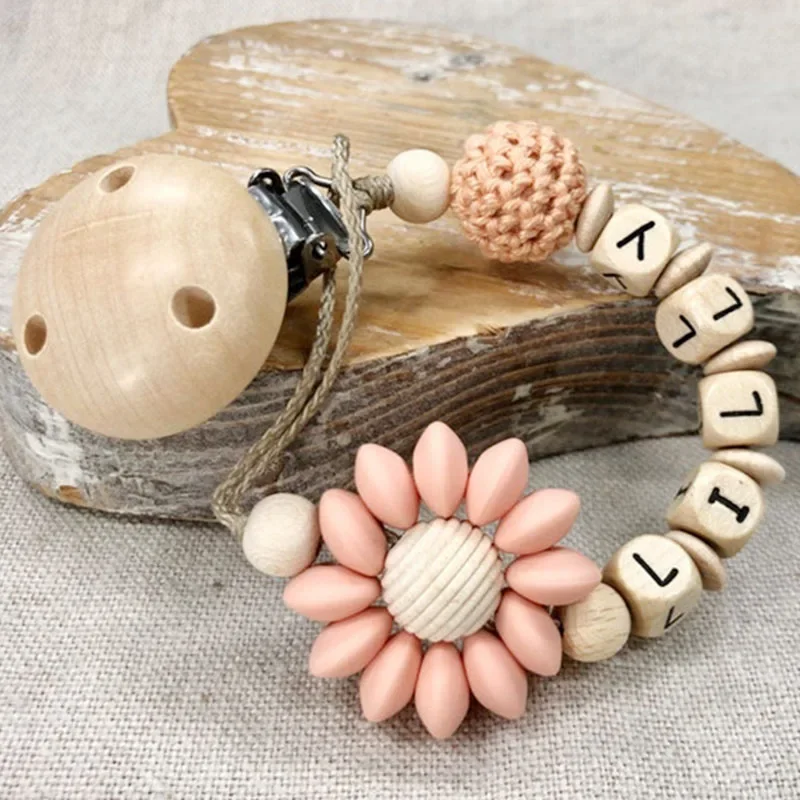Baby Name Silicone Beads Flower Ring Pacifier Clip Teething Chain Holder