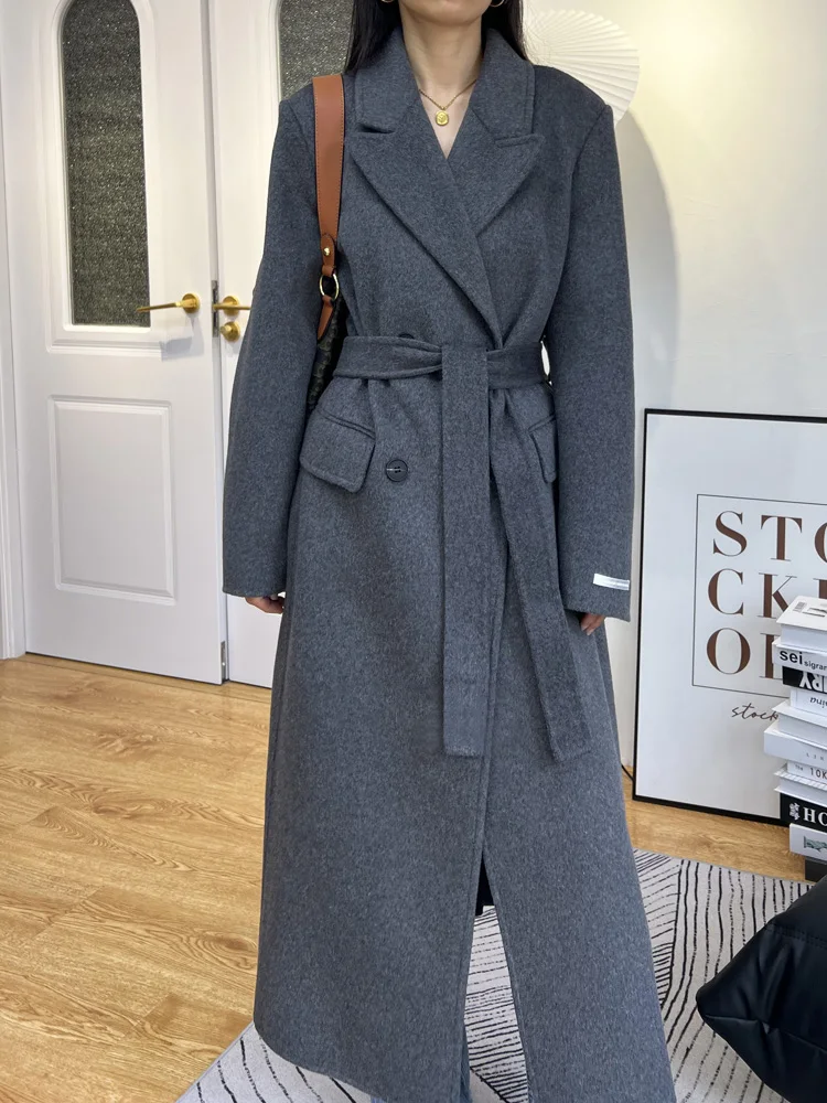 High-end Gray Women Thick Double-sided Wool Cashmere Coat