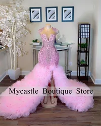 Luxury Pink Beaded Formal Prom Dress 2024 Tassels Diamond Crystal Ruffles Black Girl Side Slit Birthday Evening Gown