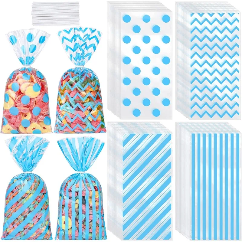 

100 Pcs Blue Cellophane Candy Bags Polka Dot Stripes Printed Pattern Goodie Gift Bags and Twist Ties for Wedding Party Gift Bags