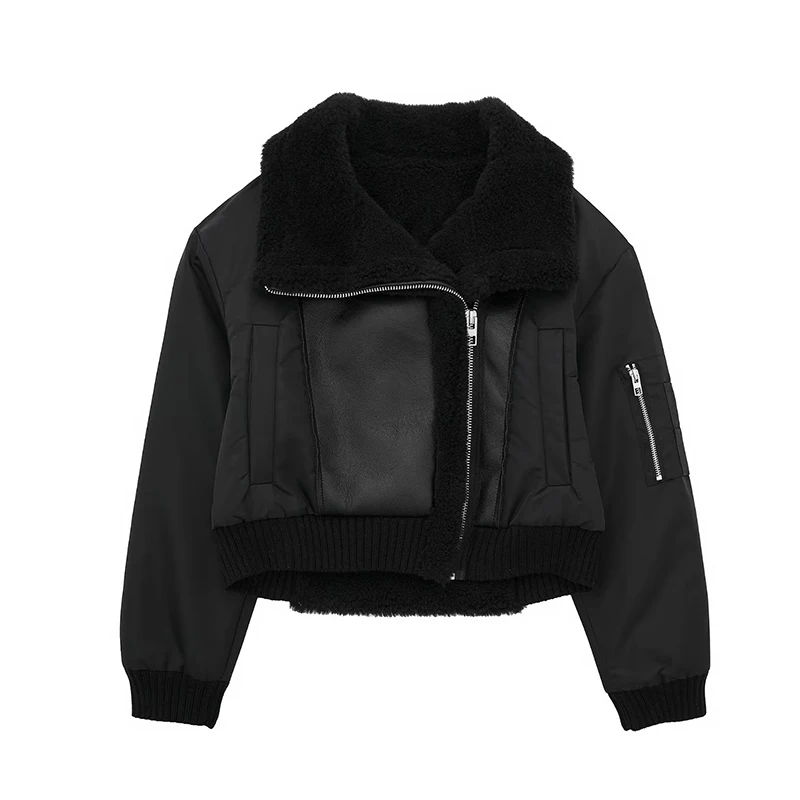 

TRAF Faux Leather Women Jacket 2023 Winter Warm Fleece Long Sleeve Cropped Coat Zipper Female Chic Casual Outerwear Tops