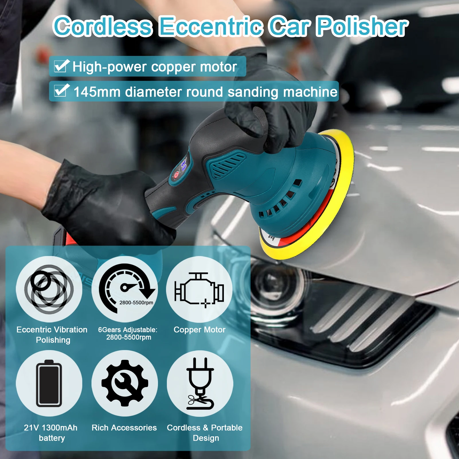 21V Cordless Car Polisher 6 Gears of Speeds Adjustable Electric Auto Polishing Machine Multifunctional Home Cleaning Metal Waxin