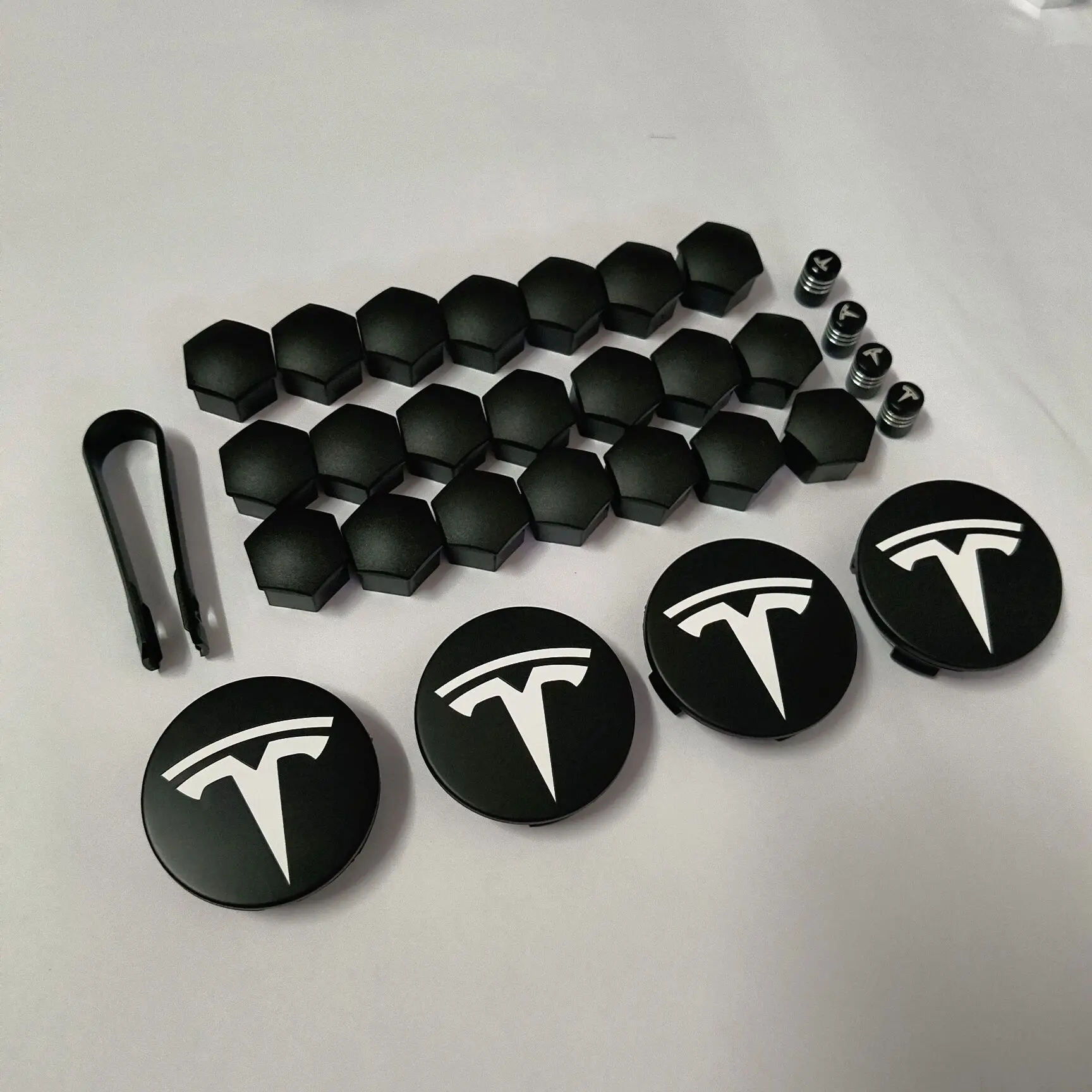 Tesla Model 3 & Y Wheel Center Caps - White Logo On Matte Black Background (4 Pieces Set)
