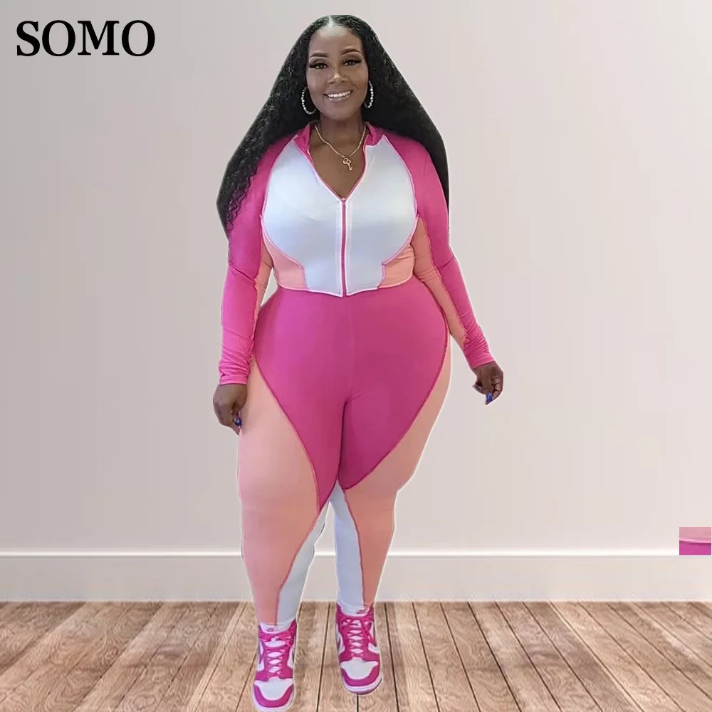 SOMO 패션 지퍼 패치워크 컬러 블록, 플러스 사이즈 여성 의류, 캐주얼 운동복, 투피스 바지 세트, 도매 직송 