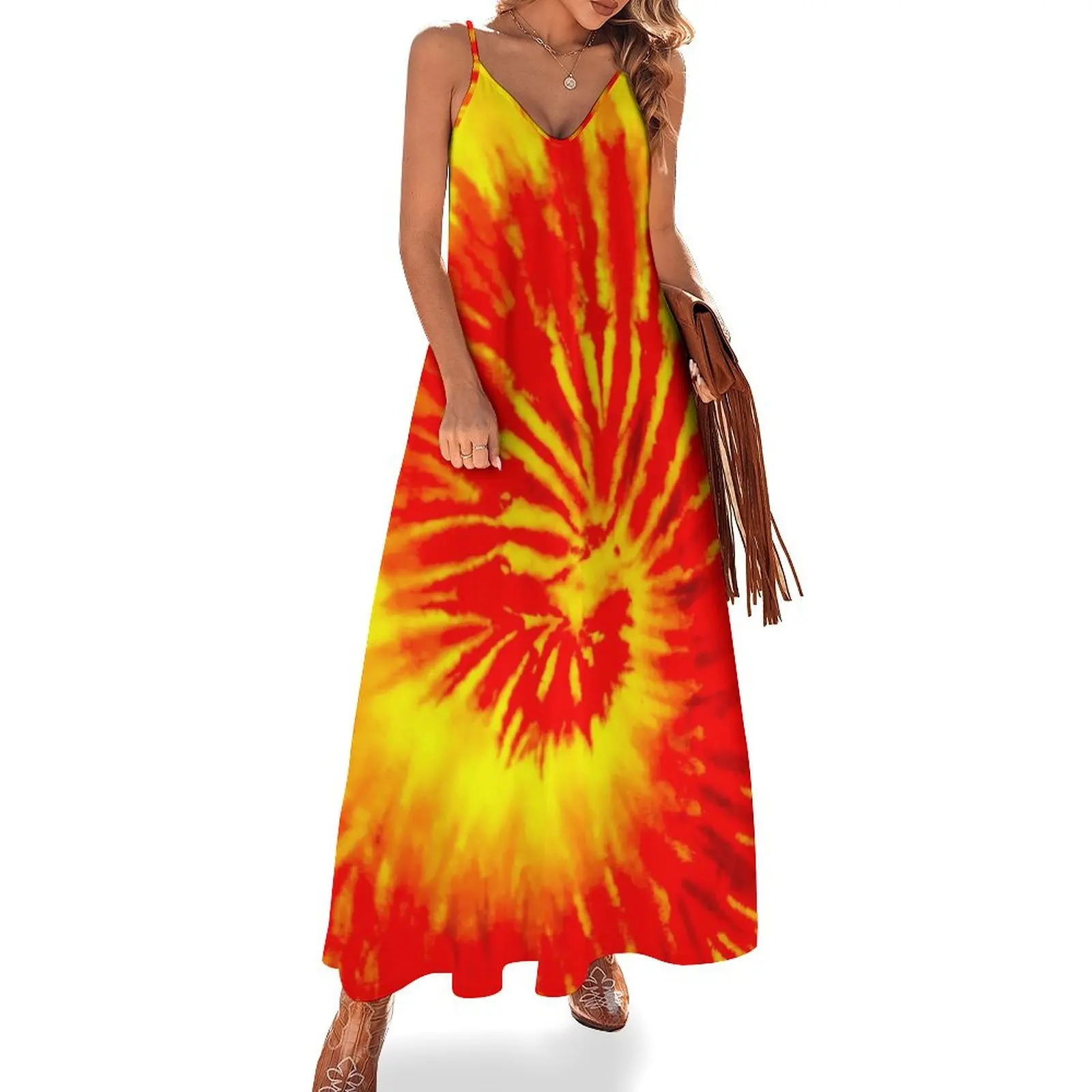 

Hippie Tie Dye Dress Retro Psychedelic Kawaii Maxi Dress Strap Stylish Boho Beach Long Dresses Summer V Neck Oversize Vestido