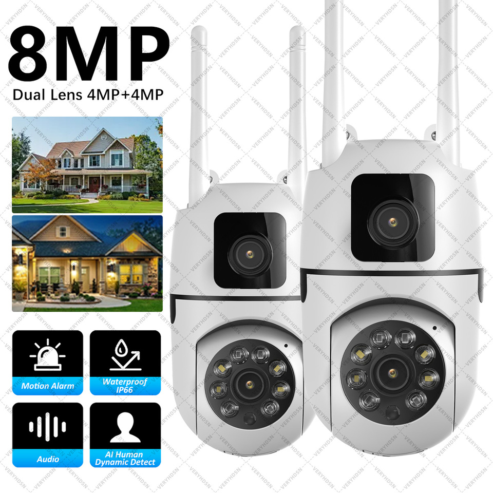 8MP Outdoor Wifi PTZ Camera Dual Lens Dual Screen AI Auto Tracking IP Video Surveillance Camera CCTV Two Way Audio Video Monitor