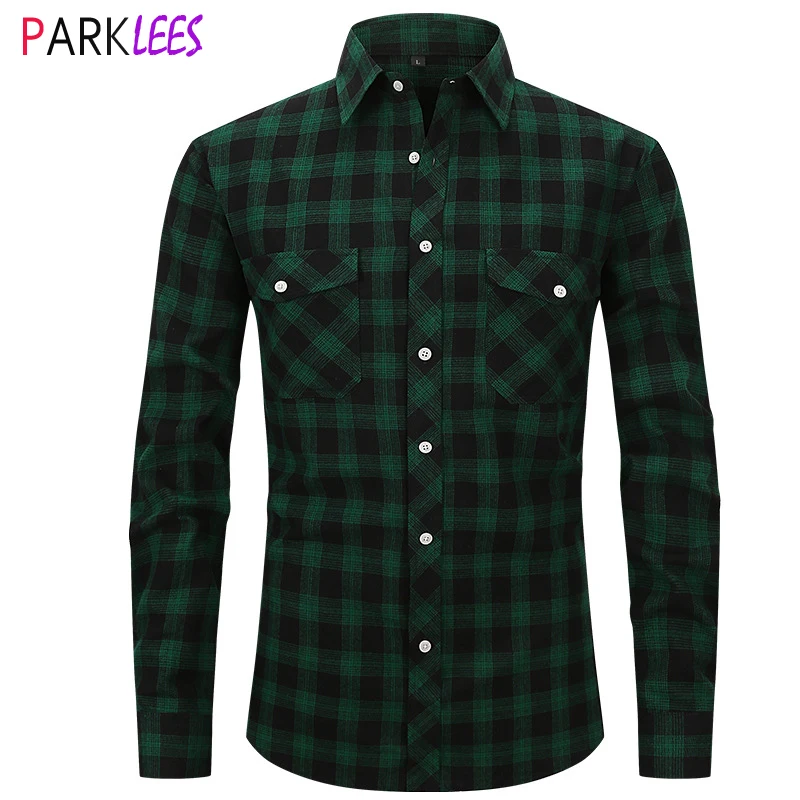 

Green Plaid Brushed Flannel Shirt for Men Double Pocket Long Sleeve Button Down Mens Dress Shirts Business Casual Chemise Homme