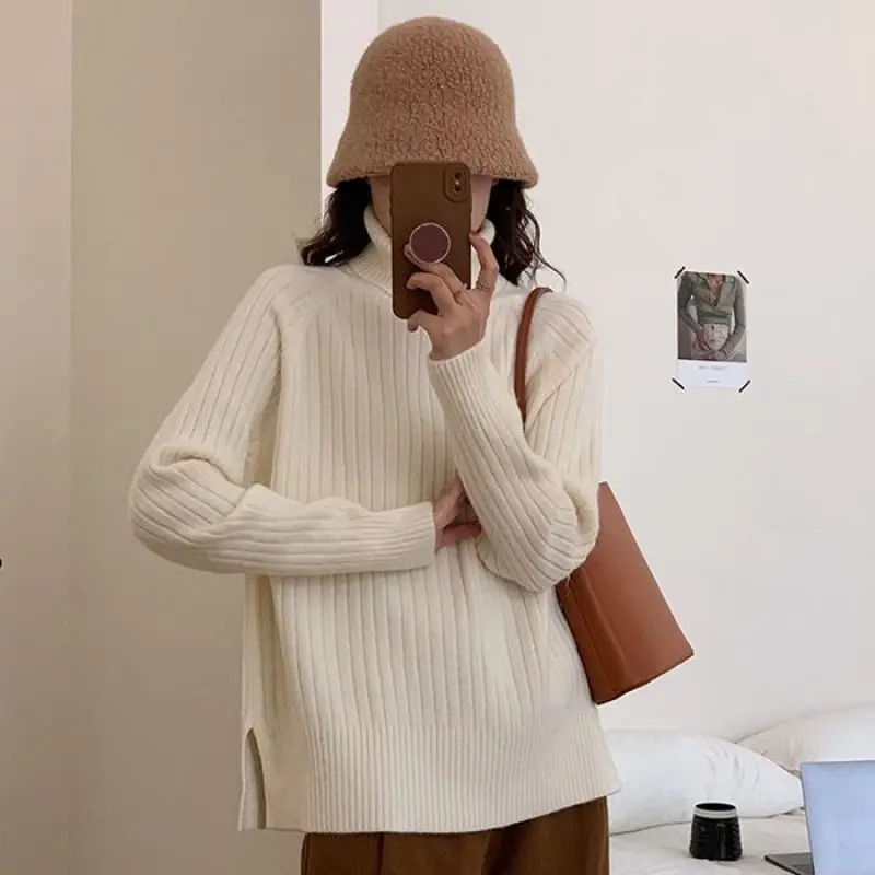 

Women's Vintage High Neck Pullover Sweater 2023 Winter New Korean Version Slouchy Loose Sweater Outerwear Bottom Knit Top