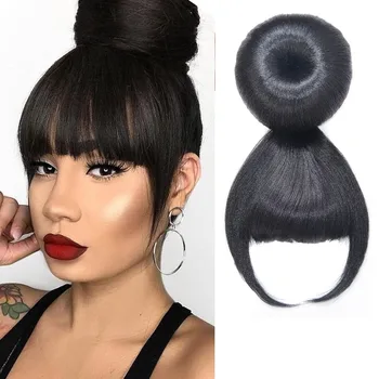 Jeedou Chignon Parrucchino sintetico Clip su chignon con frangia Updo sferico Colore nero naturale Facile da indossare Moda per le donne
