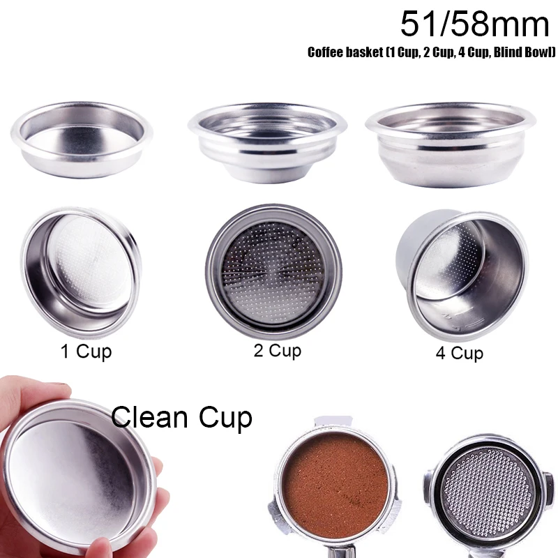 1/2/Clean Cup Portafilter 304 Stainless Steel Non Pressurized Coffee Filter 51mm/58mm Basket